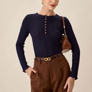 Rihoas Navy Round Neck Slim Sweater